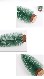 Detail showing artificial mini cedar tree with snow flocking and solid wood base