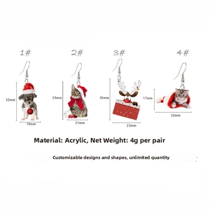 Detailed view of four acrylic Christmas earrings featuring dogs, cats and reindeer motifs