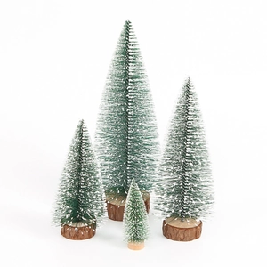 Set of four mini flocked cedar Christmas trees with white snow effect and wooden bases