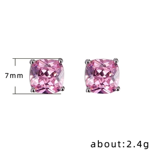 Pink square-cut zircon earrings with 7mm side length and silver four-claw setting