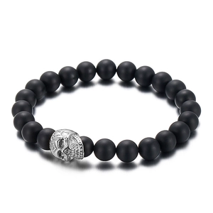 Men's matte black tiger eye bead bracelet with silver stainless steel skull charm