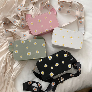 Chic daisy print square PU leather crossbody bags in pink white green and black options