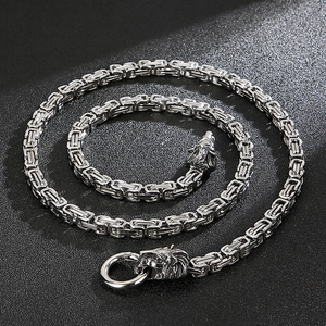 Titanium steel lion head necklace with heavy Byzantine chain and spring clasp