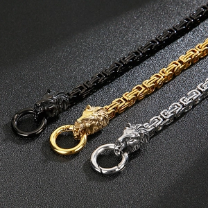 Men's rock style lion head necklace with thick Byzantine chain in gold, silver and black