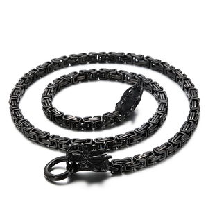 Men's gothic dragon head necklace in matte black stainless steel with Byzantine chain