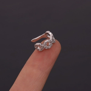 Silver U-shaped ear cuff with sparkling zircon crystals in a link chain design