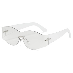 Y2K rimless curved shield sunglasses for women with transparent wave lenses and metal nose bridge