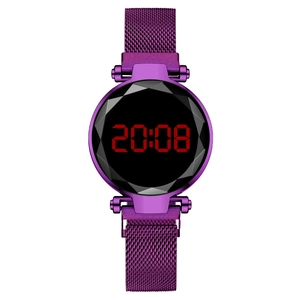 Purple LED digital watch for women with diamond-cut glass and magnetic mesh band