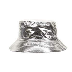 Detailed view of silver metallic PU leather bucket hat with glossy reflective texture