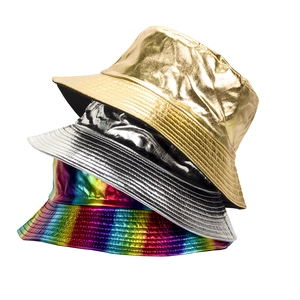 Close-up of shiny PU leather bucket hats in metallic gold, silver and rainbow colors