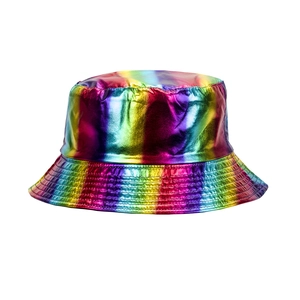 Detail of a holographic rainbow PU leather bucket hat showing metallic shiny texture