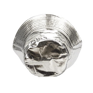 Detailed top view of silver metallic PU leather bucket hat with glossy reflective finish