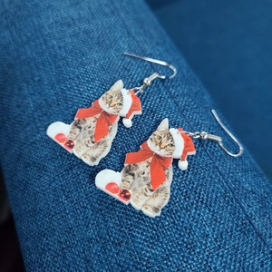 Christmas cat earrings with red hat and bow tie on blue textured background