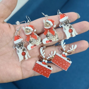 Christmas acrylic earrings set with Santa cats, dogs and elk motifs in red and white colors