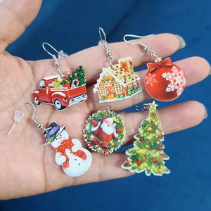 6-pack Christmas acrylic drop earrings featuring Santa, Snowman, and gingerbread house