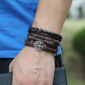Three-piece retro layered leather bracelet for men featuring a Tree of Life metal charm