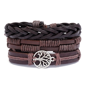 Vintage brown multilayer leather bracelet set with silver Tree of Life charm pendant