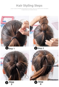Step-by-step tutorial for using black plastic hair styling tools for bun and braid styling