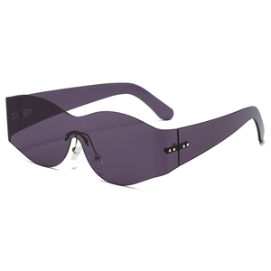 Y2K rimless curved shield sunglasses for women with purple gradient wave lenses