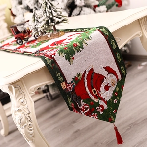 Christmas table runner with Santa jacquard patterns and red tassels for home dining decor