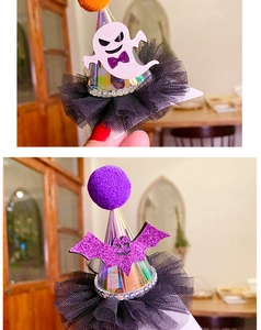 Detail of laser fabric Halloween party hat clips with ghost and purple bat designs