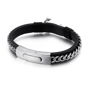 Men's stainless steel chain link and leather bracelet with anchor charm on white background