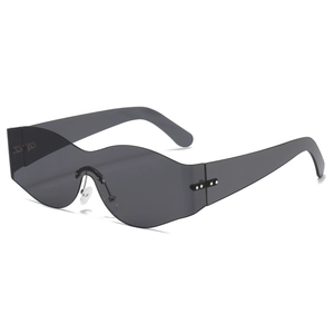 Y2K rimless wrap around oval sunglasses with grey lenses shown from a 45-degree angle