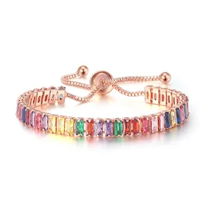 Rainbow gemstone tennis bracelet in rose gold with adjustable bolo sliding clasp