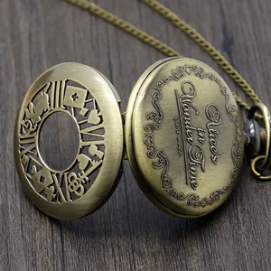 Classic vintage Alice in Wonderland hollow quartz pocket watch with bronze poker pattern