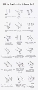 Macro display of 18 styles of 999 sterling silver stud earrings and ear sticks set