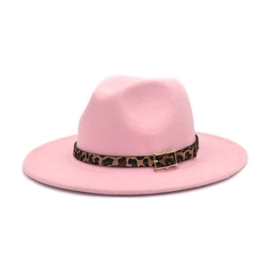 Detail of pink fedora hat featuring leopard print belt and gold metal buckle