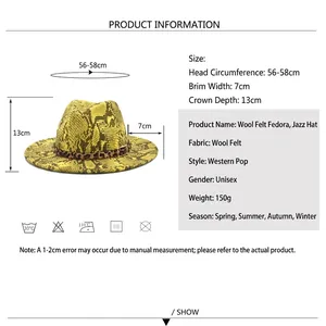 Western style faux wool fedora hat with snake print pattern and gold buckle detail