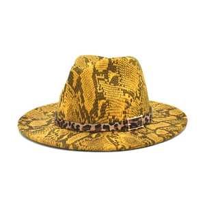 Yellow snakeskin wool fedora hat with leopard print band and golden buckle