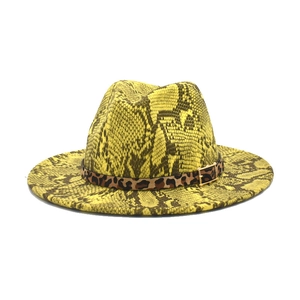 Snake Skin Print Woolen Fedora Hat With Leopard Band Gold Buckle Wide Brim Jazz Hat For Women Men Retro Style