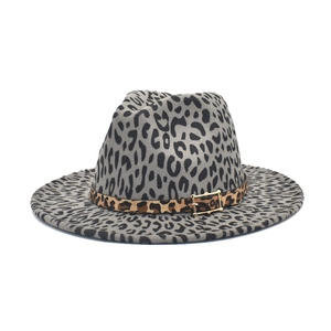 Grey leopard print wool fedora hat with wide brim and decorative buckle band