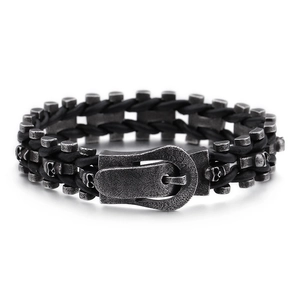 Gothic punk black braided leather bracelet for men with skull charms and buckle clasp