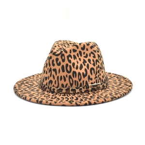 Leopard Print Wide Brim Fedora Hat Woolen Felt Vintage British Style Jazz Hat With Golden Buckle For Women Trendy