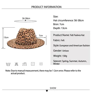 Leopard print wool fedora hat with 7cm brim, 13cm height and 56-58cm circumference size chart