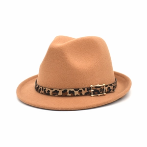 Detail of light brown wool fedora hat featuring a leopard print band and gold buckle