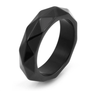 Minimalist black titanium steel ring with geometric faceted mechanical cutting design