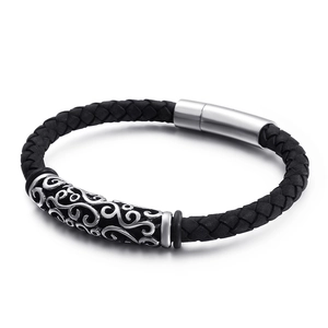 Retro Punk Herren Echtleder Geflochtenes Armband Mit Hohlmuster 316L Edelstahl Magnetverschluss Trendiger Schmuck