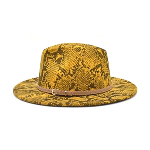 Classic yellow snakeskin fedora hat with a wide brim and beige faux leather belt strap