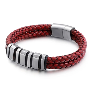 Men's double-layered red braided leather bracelet with silver magnetic steel clasp