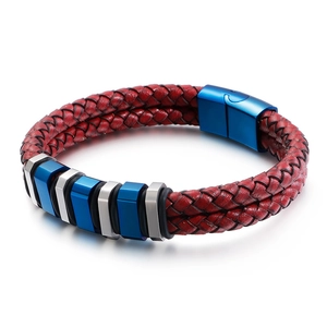 Men's double-layered red braided leather bracelet with stainless steel magnetic clasp