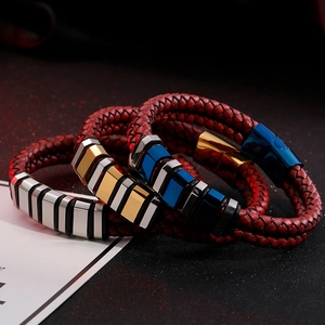 Men Double Layer Braided Leather Bracelet Stainless Steel Magnetic Clasp Geometric Charms Trendy Jewelry