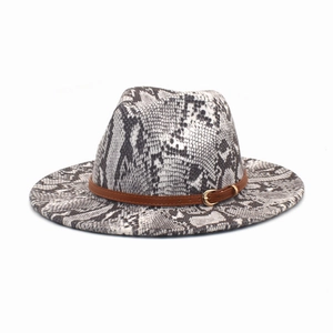 Close-up of grey python print wool fedora hat with brown leather buckle strap detail