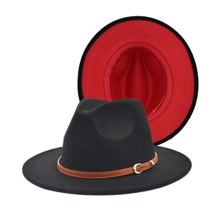 Classic black and red two-tone wool fedora hat with brown leather band and gold buckle