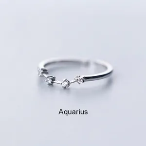Fashion Silver Plated Copper Rhinestone Constellation Open Ring For Women Adjustable Zodiac Sign Finger Ring Daily Office Commute Jewelry