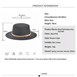 Black wool jazz fedora hat with belt detail and size chart showing 56-58cm circumference