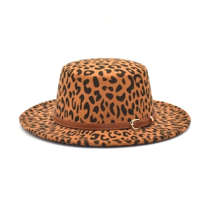 Leopardenmuster Wollhut flacher Deckel mit braunem Gürtel für Wintermode Damen